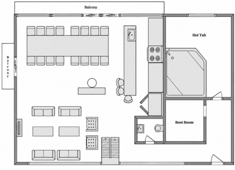 Ground floor plan showing the living and dining areas of Chalet Edelweiss