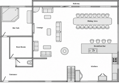 Ground floor plan showing the living and dining areas of Chalet Flocon