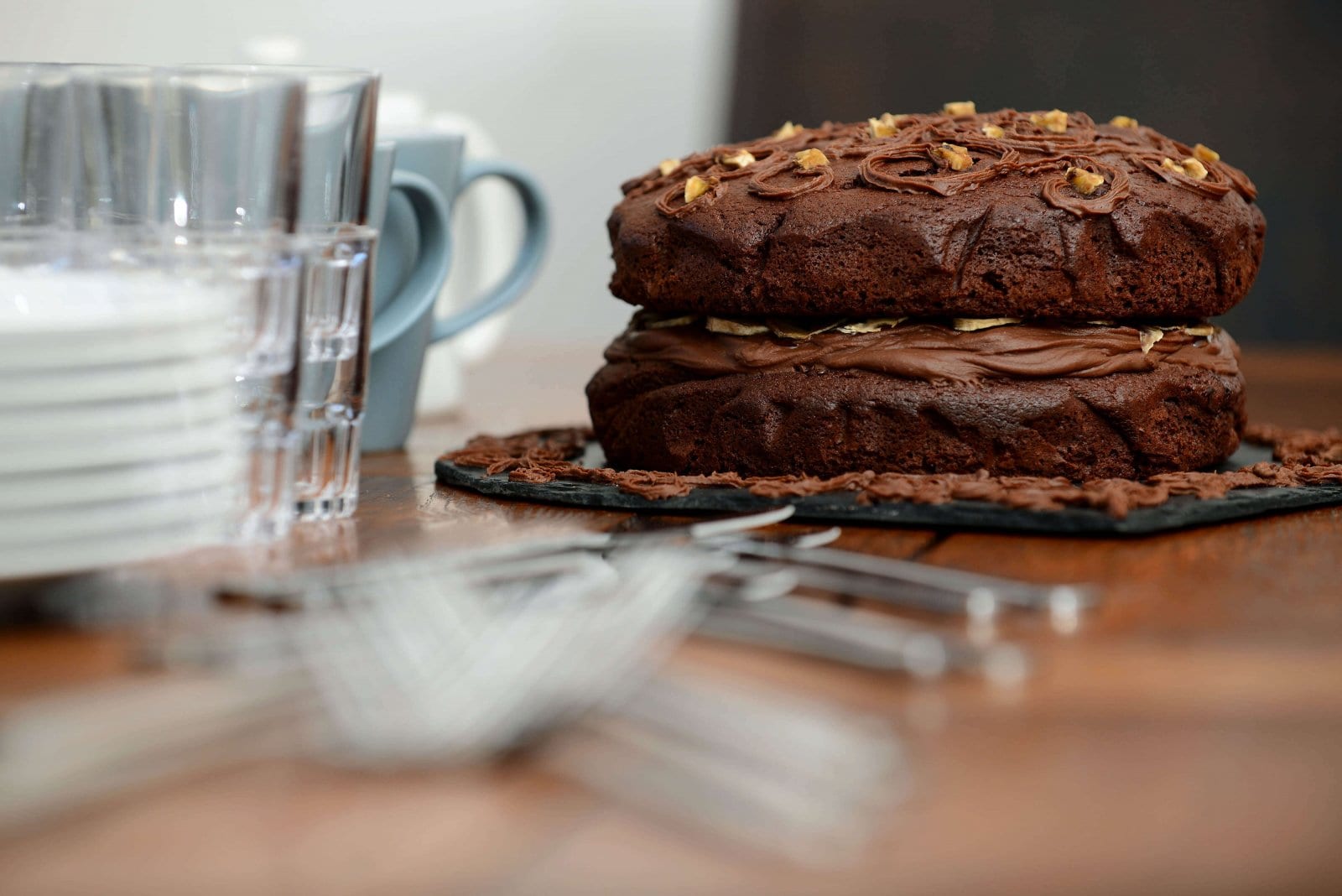 Chocolate cake prepared for ski chalet guests