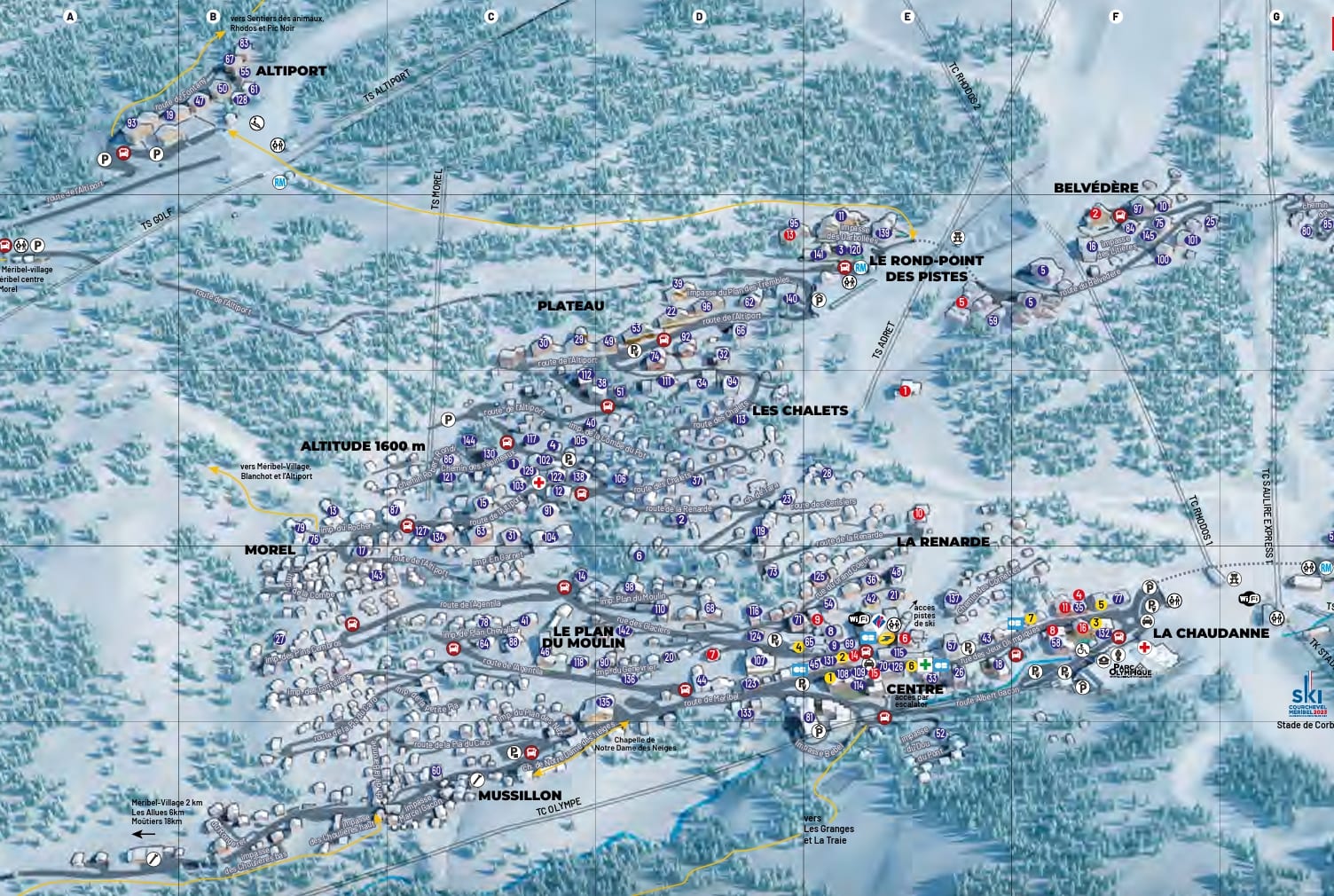 Map showing the villages and different areas of Méribel