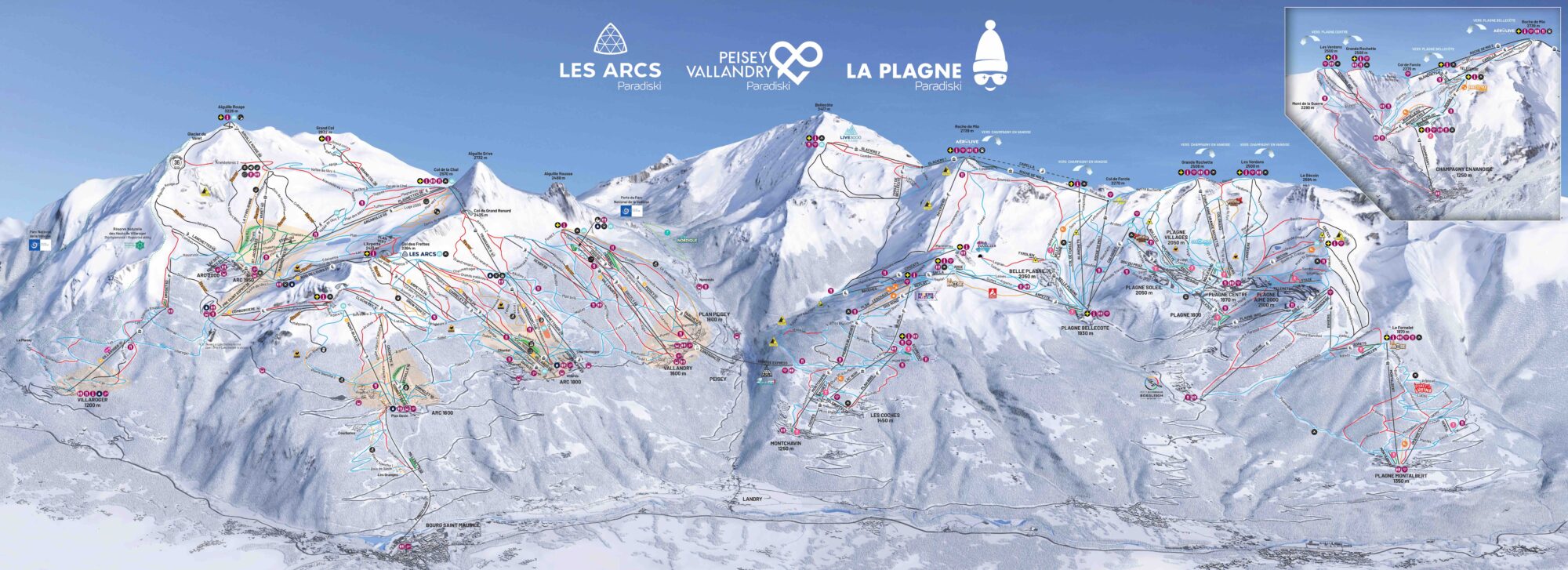 The piste map for Paradiski and La Plagne and Les Arcs Ski Resorts