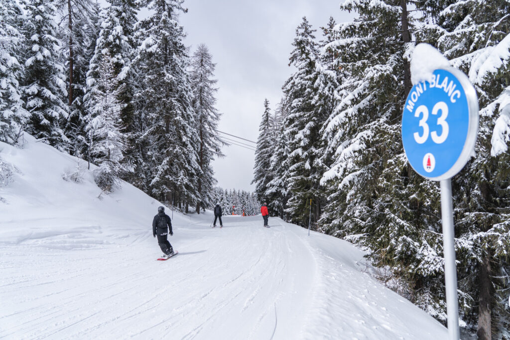 Skier descending a tree-lined piste through snowy forest in La Plagne – © La Plagne / JYM