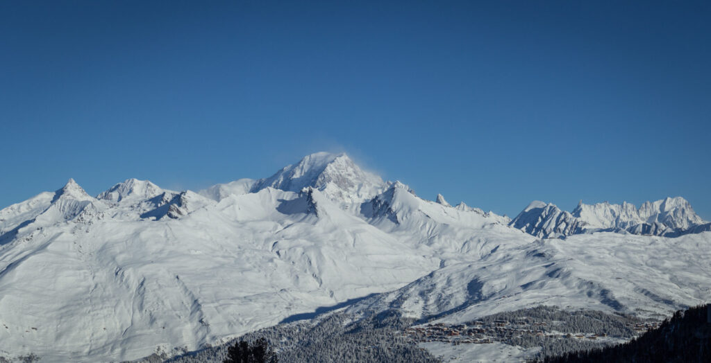 Snow-covered slopes of La Rosière with Mont Blanc in the distance
