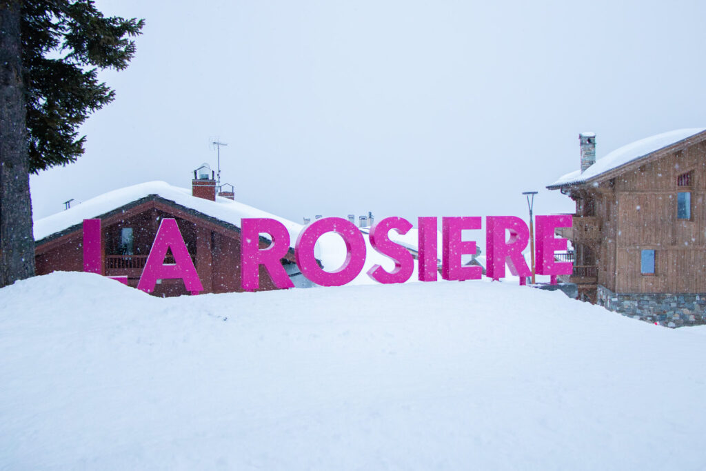 La Rosière resort sign surrounded by deep winter snow