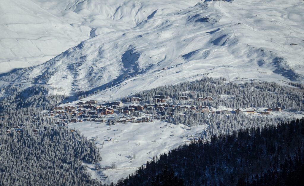 Panoramic winter view of La Rosière ski resort and surrounding slopes