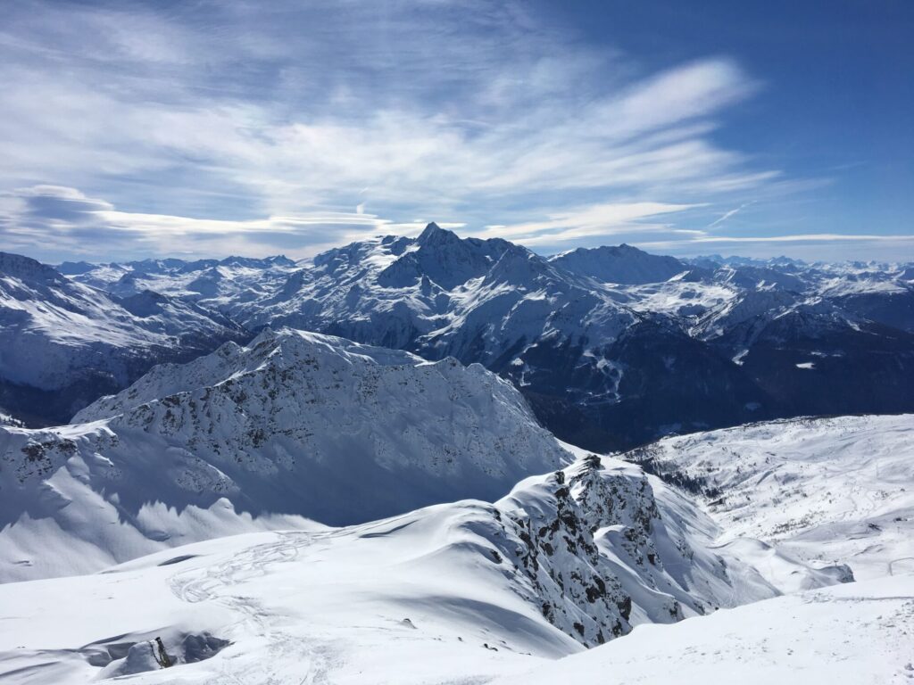 Snow-covered mountain landscape viewed from La Rosière