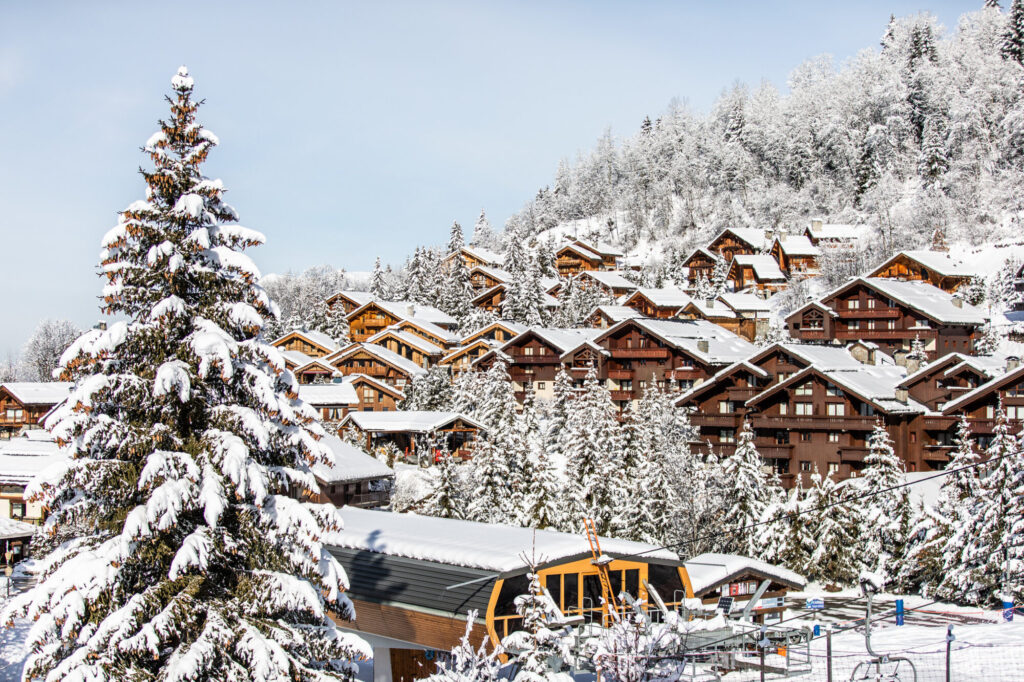Snow-covered traditional chalets surrounded by trees in Méribel