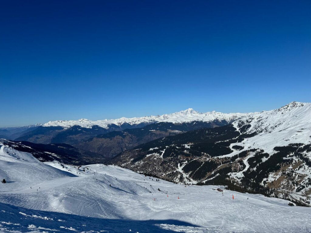 Panoramic view across the snowy mountains from the Méribel ski area