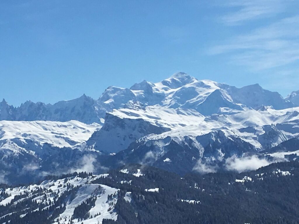 Panoramic view across snow-covered Alpine peaks from the Morzine ski area