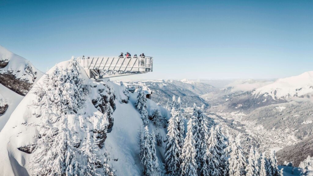 High-altitude viewpoint overlooking the snowy mountains around Morzine