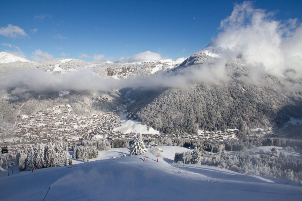 Panoramic snowy view across Morzine and the surrounding mountains