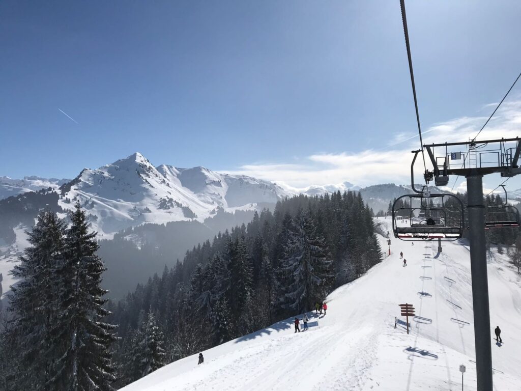 Chairlift and snowy mountain views in the Morzine ski area