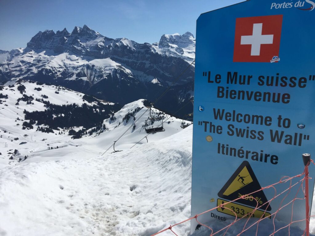 Welcome to the Swiss Wall sign in the Portes du Soleil ski area