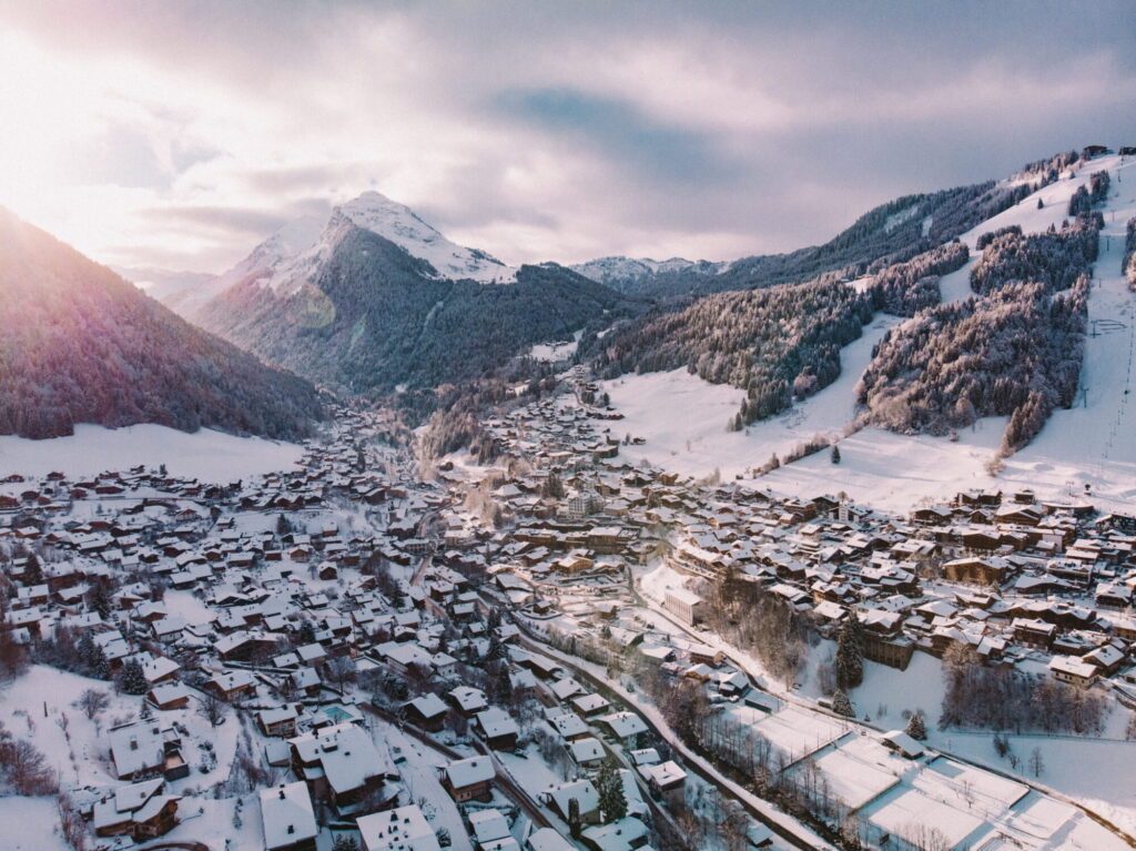 Aerial winter view across the snow-covered village of Morzine