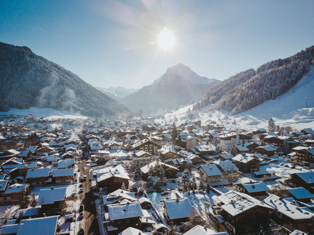 Winter sunshine over the snow-covered village of Morzine