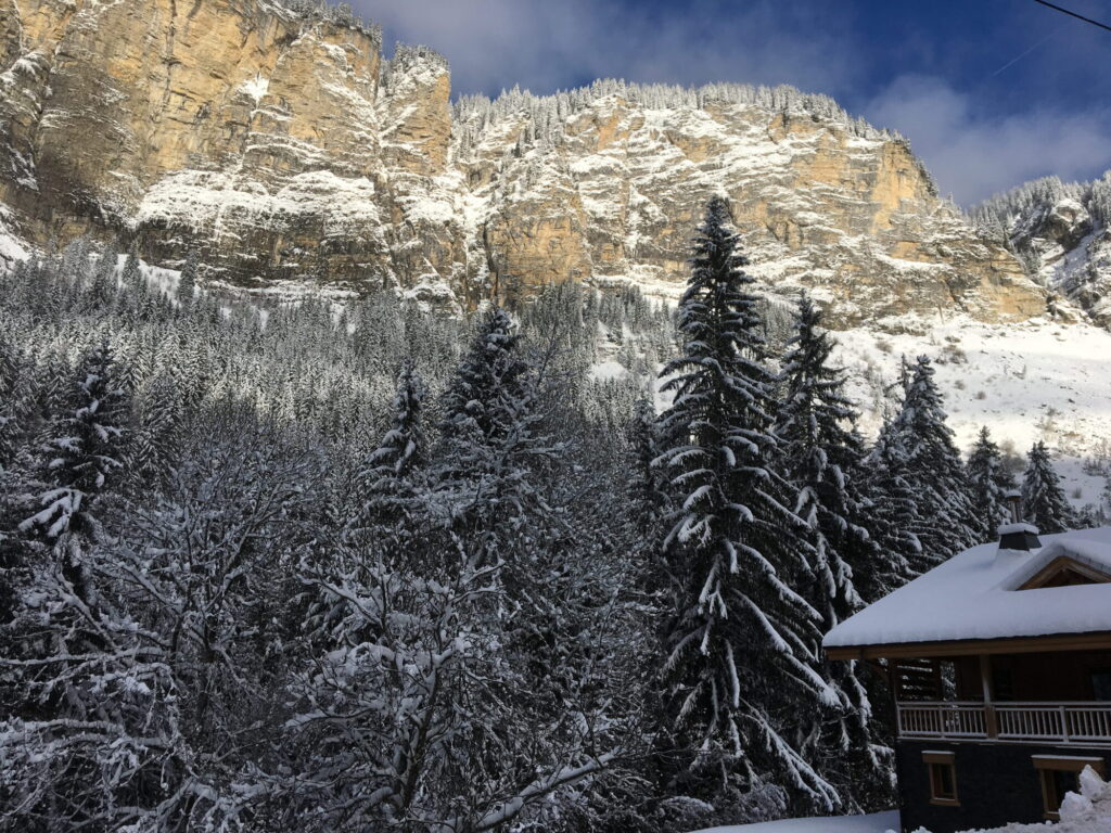 Snow-covered chalet and forest beneath the mountains around Morzine