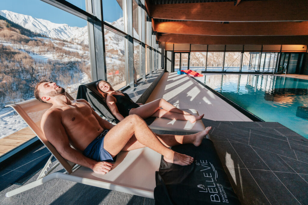 Relaxation area overlooking the mountains at La Belle Vie wellness centre