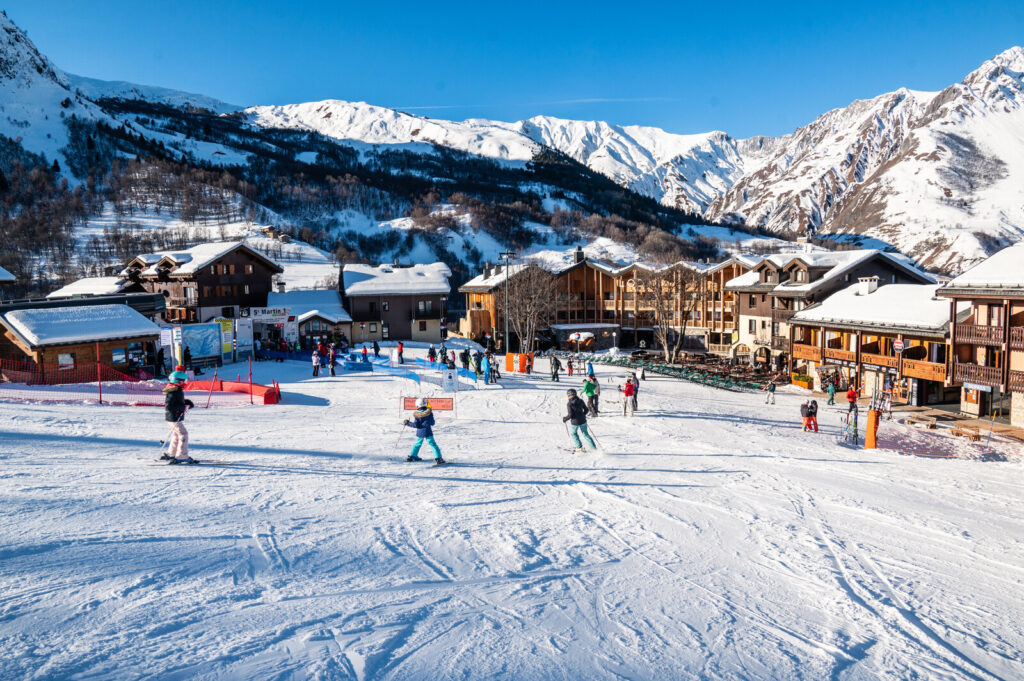 Ski slopes overlooking St Martin de Belleville in the Belleville Valley