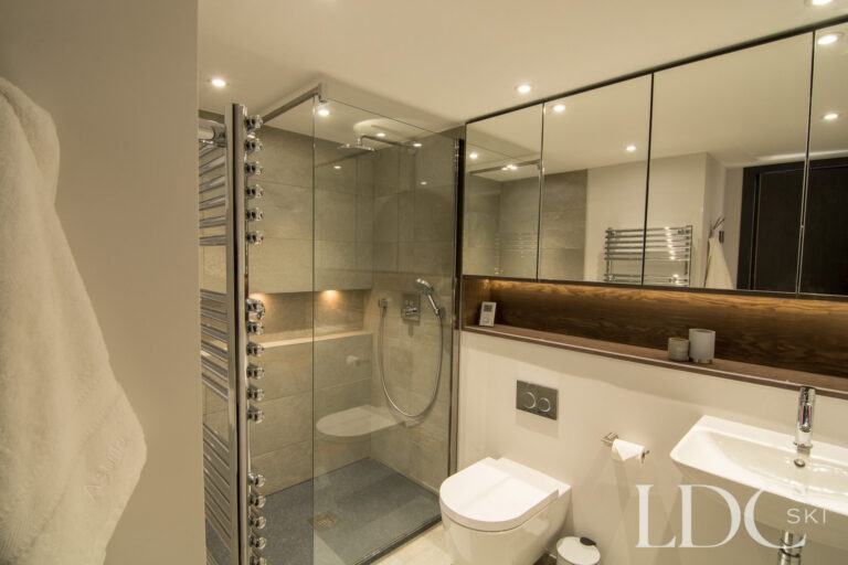 Contemporary shower room with walk-in rainfall shower at Chalet Astilla in St Martin de Belleville