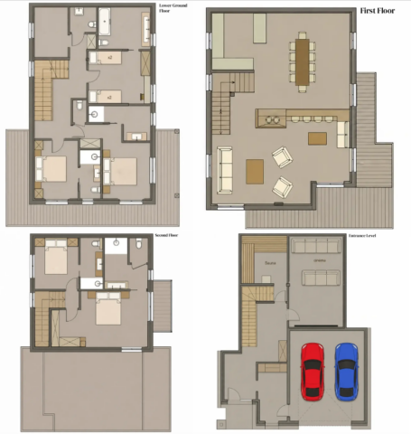 Floor plans showing the layout of Chalet Aurea