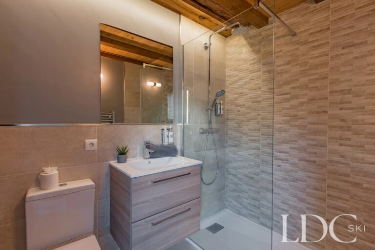 Contemporary en-suite shower room with timber detailing at Chalet Aux Joux