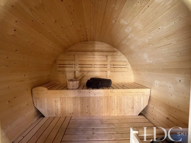 Timber interior of the private sauna at Chalet Aux Joux