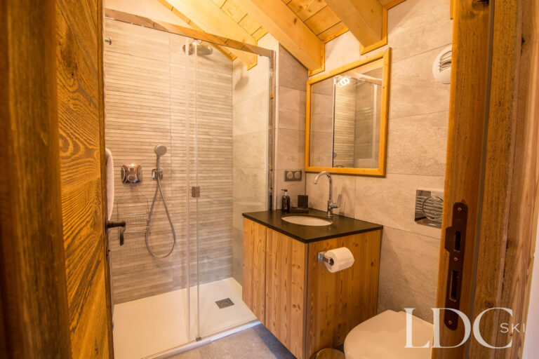 Bathroom at Chalet Astragle with walk-in shower and timber vanity unit