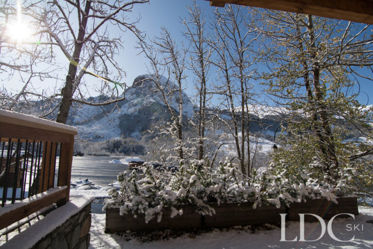 Winter mountain views through the trees from Chalet Astragle