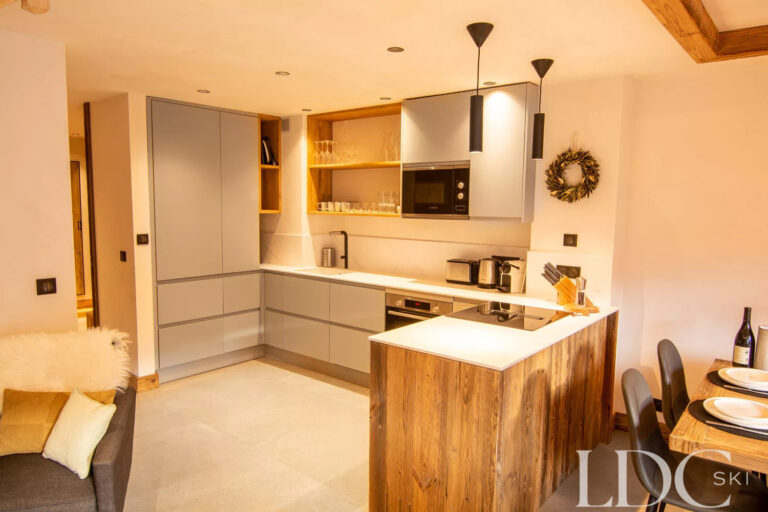 Open-plan kitchen area at Chalet Camarine in St Martin de Belleville