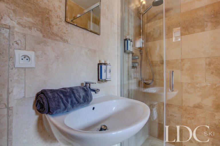 Chalet Jouet shower room with walk-in shower and washbasin