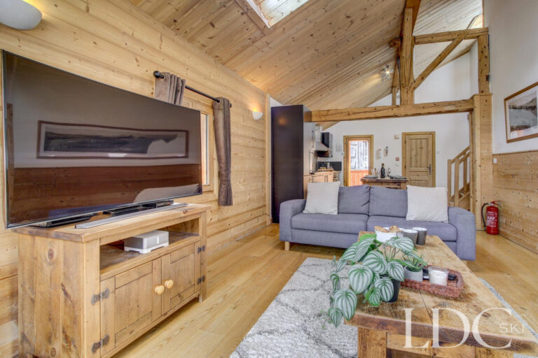 Chalet Jouet lounge and TV area with vaulted timber ceiling