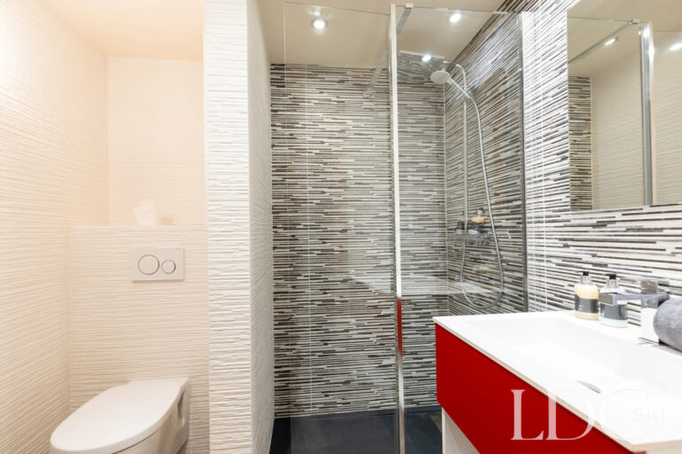 Contemporary walk-in shower room with red vanity at La Ferme de la Couttetaz