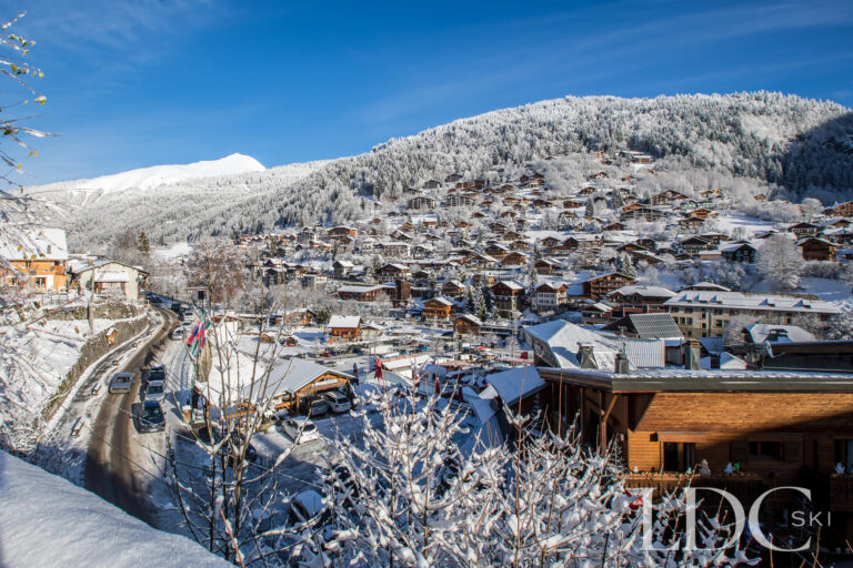 Elevated winter view across Morzine and the surrounding mountains from La Ferme de la Couttetaz