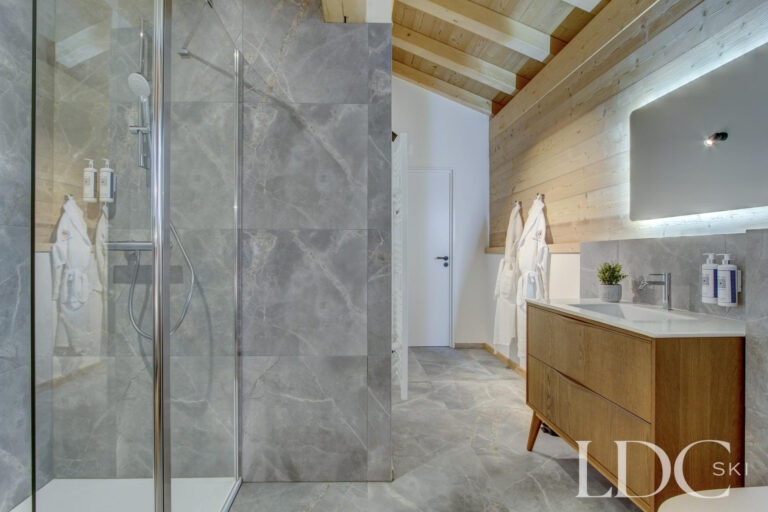 Piste Noire bathroom with walk-in shower and timber vanity