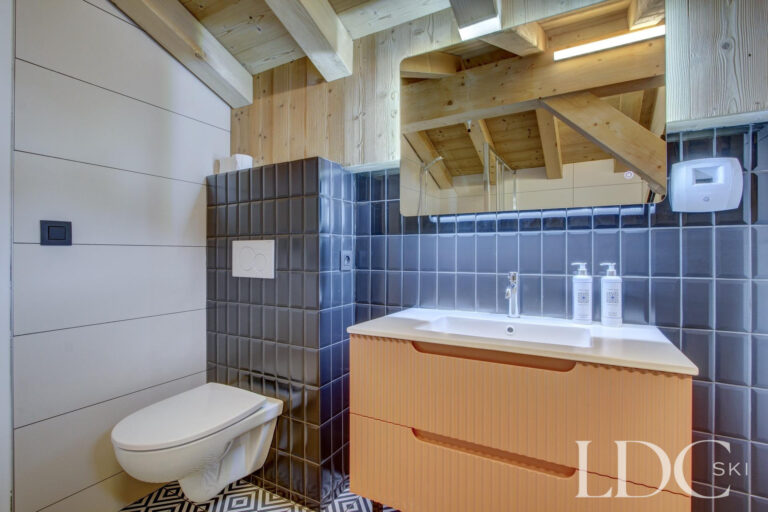Piste Noire bathroom with double vanity, shower and blue tiled wall