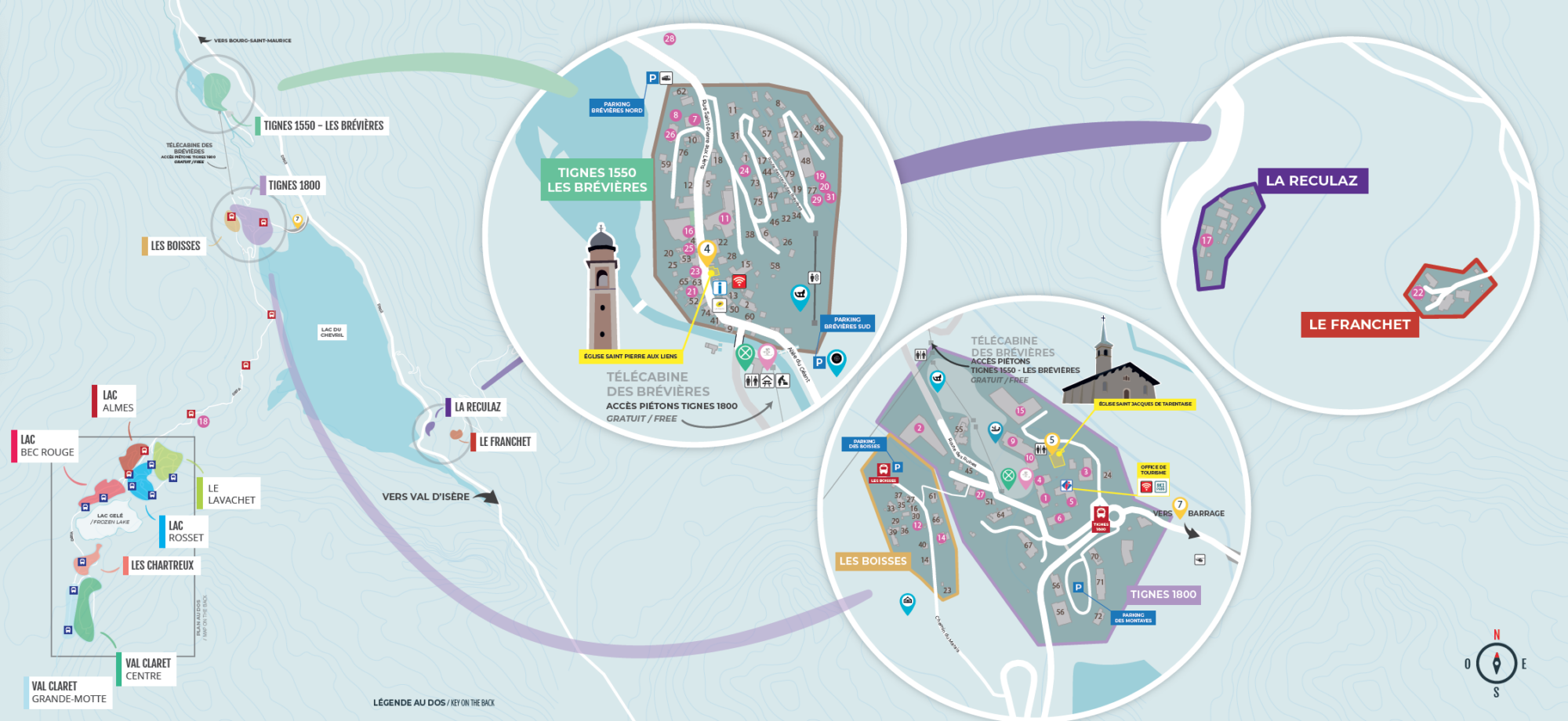 Map showing the different villages and areas of Tignes