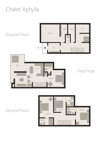 Floor plans showing the three-level layout of Chalet Aphylla