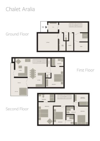 Floor plans showing the three-level layout of Chalet Aralia