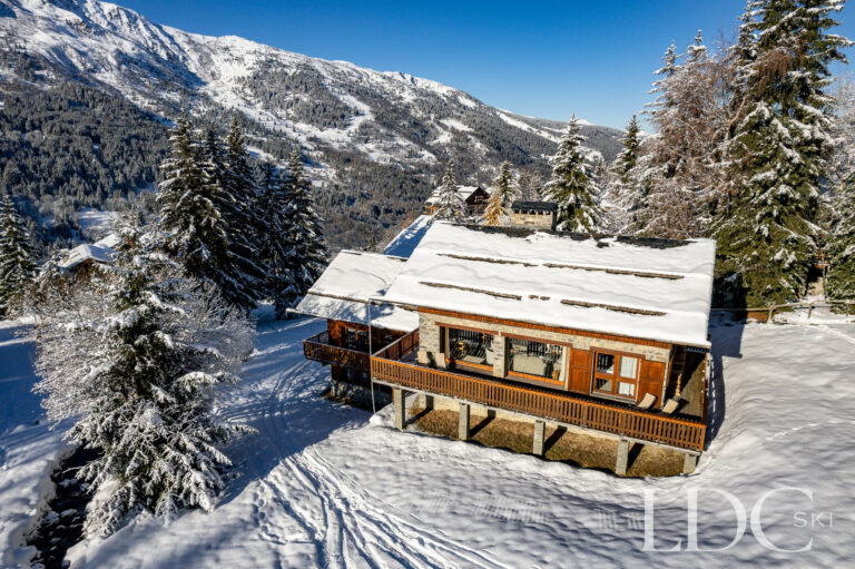 Aerial view of Chalet Cecilia surrounded by snow and trees in Méribel