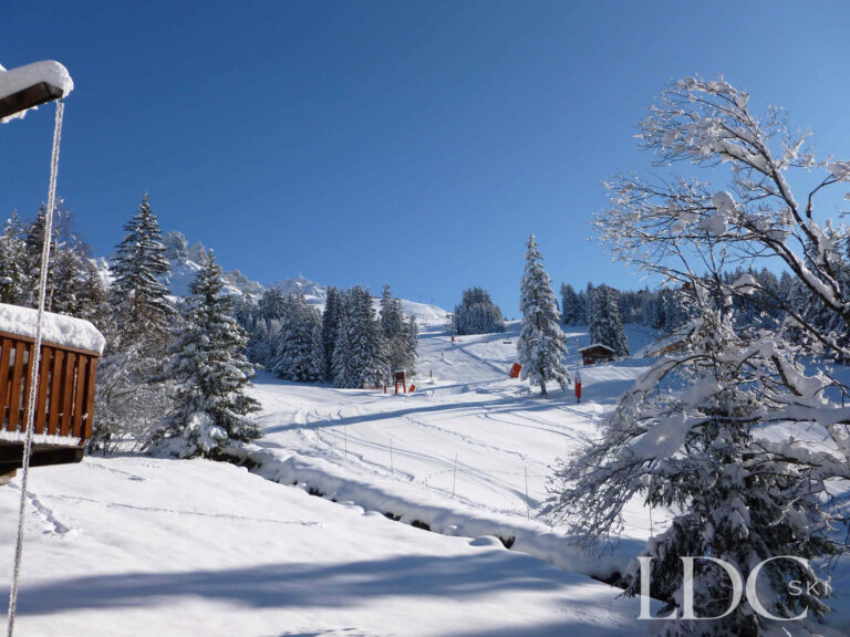 Snow-covered ski slope and mountain scenery viewed from Chalet Cecilia in Méribel