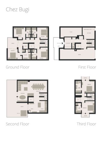 Floor plans showing the four-level layout of Chalet Chez Bugi