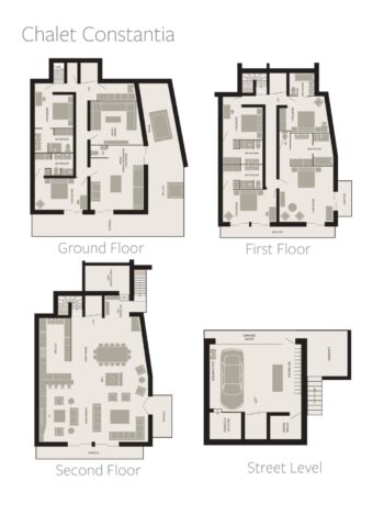 Floor plans showing the four-level layout of Chalet Constantia