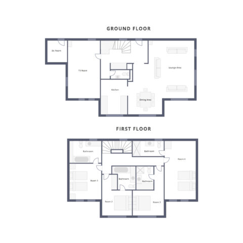 The ground floor and first floor plans for Chalet Quatre Meules