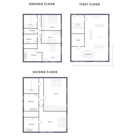 Floor plans showing the three-level layout of Chalet Veronica