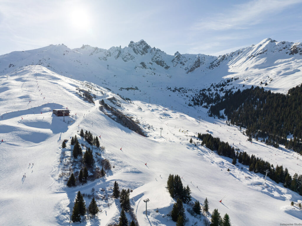 Aerial winter view across Jardin Alpin and the surrounding Courchevel ski area. © Instapades Studio