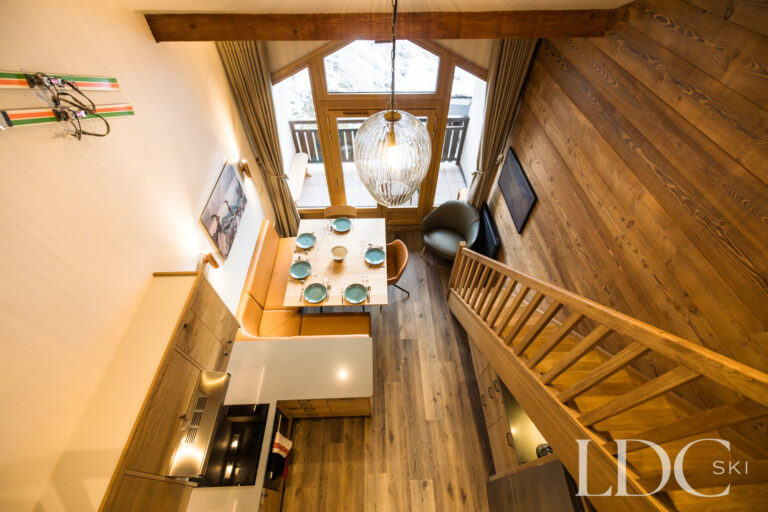 View from above of the dining area and kitchen at La Florette