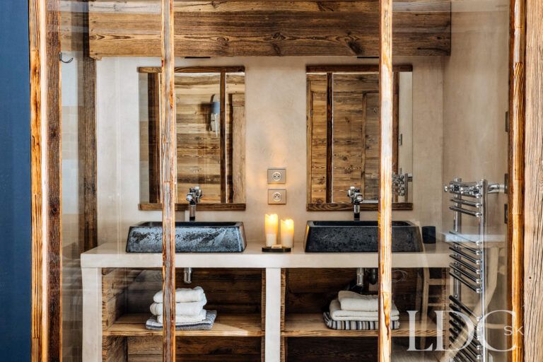 Contemporary double vanity with rustic timber detailing at Le Chalet