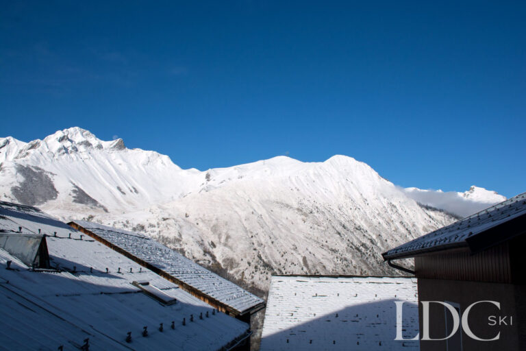 Snow-covered mountain view from Marguerite in St Martin de Belleville