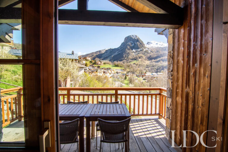 Private balcony at Nant Giraud overlooking the mountains and village