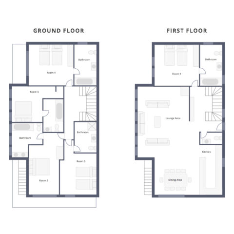 Floor plan showing the ground and first-floor layout of Chalet Pasarale
